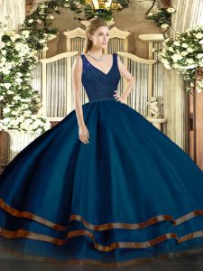 New Arrival Navy Blue Tulle Zipper V-neck Sleeveless Floor Length Ball Gown Prom Dress Beading and Ruffled Layers