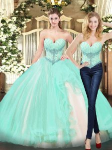 Apple Green Sleeveless Floor Length Beading and Ruffles Lace Up 15 Quinceanera Dress