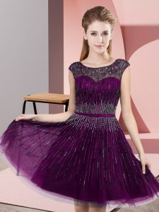  Dark Purple Empire Tulle Scoop Sleeveless Beading Knee Length Backless Evening Dress