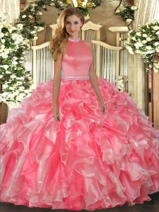 Trendy Hot Pink Ball Gowns Organza Halter Top Sleeveless Beading and Ruffles Floor Length Backless Vestidos de Quinceanera