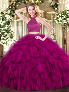 Cute Floor Length Fuchsia 15th Birthday Dress Organza Sleeveless Beading and Ruffles