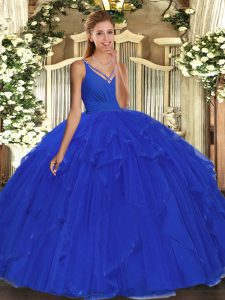 Modest V-neck Sleeveless Backless 15th Birthday Dress Blue Organza