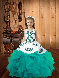  Aqua Blue Little Girls Pageant Dress Wholesale Sweet 16 and Quinceanera with Embroidery and Ruffles Straps Sleeveless Lace Up