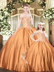 Exceptional Orange Red Ball Gowns Tulle Off The Shoulder Sleeveless Beading Floor Length Lace Up Vestidos de Quinceanera