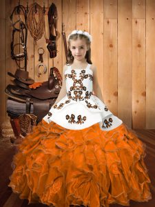 Adorable Orange Lace Up Straps Embroidery and Ruffles Kids Pageant Dress Organza Sleeveless