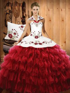  Wine Red Halter Top Lace Up Embroidery and Ruffled Layers Ball Gown Prom Dress Sleeveless