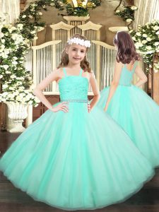  Apple Green Tulle Zipper Little Girls Pageant Gowns Sleeveless Floor Length Beading and Lace