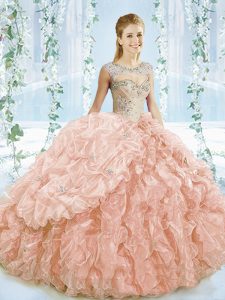 Low Price Peach Lace Up Sweetheart Beading and Ruffles Quinceanera Dress Organza Sleeveless Brush Train