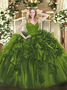 Wonderful Ball Gowns Quinceanera Gown Olive Green V-neck Organza Sleeveless Floor Length Backless