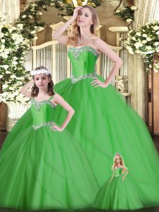 Fashionable Floor Length Lace Up Ball Gown Prom Dress Green for Military Ball and Sweet 16 and Quinceanera with Beading