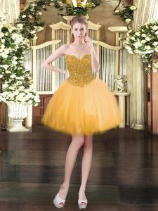  Gold Ball Gowns Beading Prom Dress Lace Up Tulle Sleeveless Mini Length