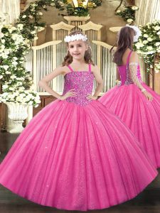  Hot Pink Ball Gowns Beading Girls Pageant Dresses Lace Up Tulle Sleeveless Floor Length