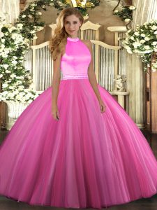 Best Selling Sleeveless Tulle Floor Length Backless Sweet 16 Dress in Rose Pink with Beading