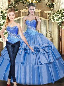 Glittering Baby Blue Lace Up Sweetheart Beading and Ruffled Layers Quinceanera Dress Tulle Sleeveless