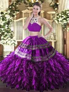 High End Eggplant Purple Tulle Backless 15 Quinceanera Dress Sleeveless Floor Length Beading and Ruffles