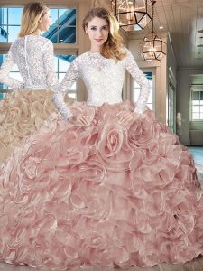 Traditional Long Sleeves Brush Train Beading and Ruffles Lace Up 15 Quinceanera Dress
