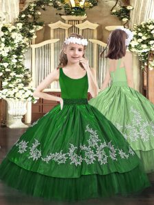 Unique Floor Length Dark Green Girls Pageant Dresses Scoop Sleeveless Zipper