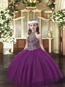 Superior Beading Child Pageant Dress Dark Purple Lace Up Sleeveless Floor Length