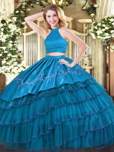  Beading and Embroidery and Ruffled Layers Quinceanera Gown Teal Backless Sleeveless Floor Length