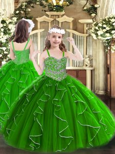 Latest Green Organza Lace Up Straps Sleeveless Floor Length Party Dress for Toddlers Beading and Ruffles