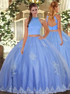 Beautiful Floor Length Backless Quinceanera Dresses Baby Blue for Military Ball and Sweet 16 and Quinceanera with Beading and Appliques