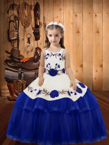 Beauteous Royal Blue Lace Up Straps Embroidery and Ruffled Layers Party Dress Organza Sleeveless