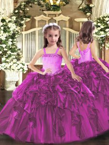 Fancy Fuchsia Ball Gowns Organza Straps Sleeveless Appliques and Ruffles Floor Length Lace Up Girls Pageant Dresses