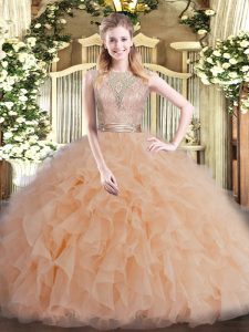 Most Popular Ball Gowns Quince Ball Gowns Peach Scoop Tulle Sleeveless Floor Length Backless