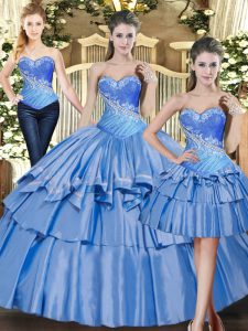  Baby Blue Ball Gowns Sweetheart Sleeveless Tulle Floor Length Lace Up Beading and Ruffled Layers Quinceanera Gowns