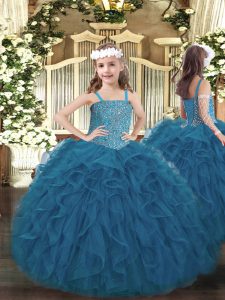 Beautiful Straps Sleeveless Lace Up Girls Pageant Dresses Teal Tulle