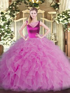  Lilac Side Zipper Ball Gown Prom Dress Beading and Ruffles Sleeveless Floor Length
