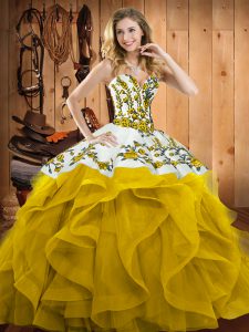 Unique Yellow Sleeveless Floor Length Embroidery and Ruffles Lace Up Sweet 16 Quinceanera Dress