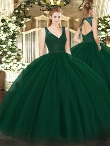 Custom Made Dark Green Sleeveless Tulle Backless Ball Gown Prom Dress for Military Ball and Sweet 16 and Quinceanera