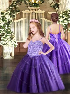 Excellent Spaghetti Straps Sleeveless Lace Up Party Dress for Girls Purple Tulle