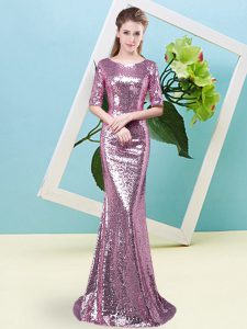  Fuchsia Zipper Scoop Sequins Homecoming Dress Sequined Half Sleeves