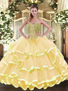 Exquisite Sleeveless Floor Length Beading and Ruffled Layers Lace Up Sweet 16 Quinceanera Dress with Gold
