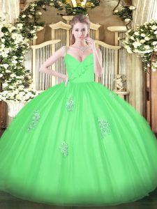 Unique Green Ball Gowns Spaghetti Straps Sleeveless Tulle Floor Length Zipper Appliques Quince Ball Gowns