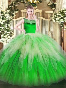 Spectacular Green Ball Gowns Scoop Sleeveless Organza Floor Length Zipper Beading and Ruffles Sweet 16 Dresses
