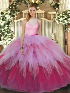 Sweet Sleeveless Tulle Floor Length Backless 15 Quinceanera Dress in Multi-color with Beading and Ruffles