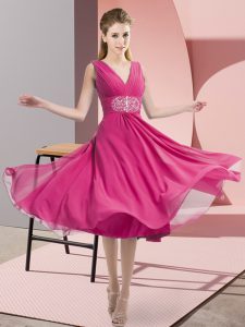  Hot Pink Side Zipper Quinceanera Court of Honor Dress Beading Sleeveless Knee Length