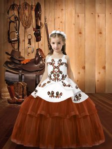 Fantastic Brown Ball Gowns Tulle Straps Sleeveless Embroidery Floor Length Lace Up Little Girl Pageant Gowns