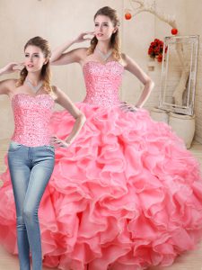 Suitable Watermelon Red Lace Up Sweetheart Beading and Ruffles Vestidos de Quinceanera Organza Sleeveless