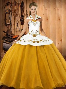  Embroidery Quinceanera Gown Gold Lace Up Sleeveless Floor Length