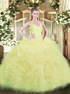 Flare Sleeveless Organza Floor Length Lace Up 15th Birthday Dress in Light Yellow with Beading and Ruffles