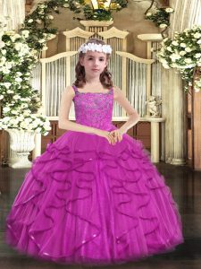Custom Design Fuchsia Sleeveless Tulle Lace Up Little Girls Pageant Dress Wholesale for Party and Sweet 16 and Quinceanera and Wedding Party