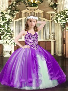 Gorgeous Purple Straps Neckline Beading Kids Pageant Dress Sleeveless Lace Up