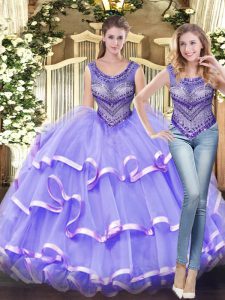Sumptuous Lavender Sleeveless Beading and Ruffled Layers Floor Length Ball Gown Prom Dress