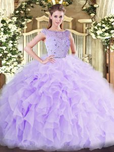  Tulle Bateau Sleeveless Zipper Beading and Ruffles Sweet 16 Quinceanera Dress in Lavender