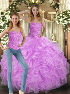 Sweet Sleeveless Floor Length Beading and Ruffles Lace Up Quinceanera Gowns with Lilac