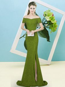 Short Sleeves Sequined Sweep Train Zipper Prom Party Dress in Olive Green with Sequins